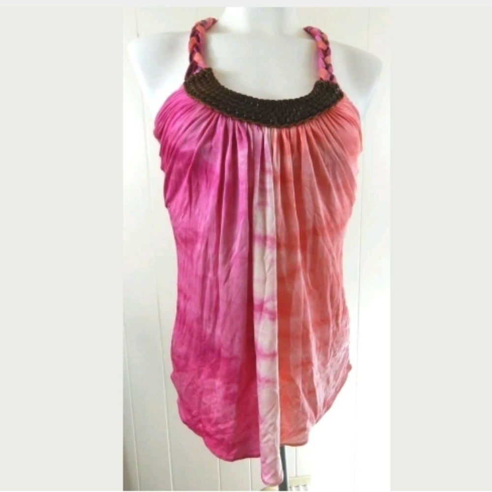 Sky Leather Trim Silk‎ Tie Dye Tank
